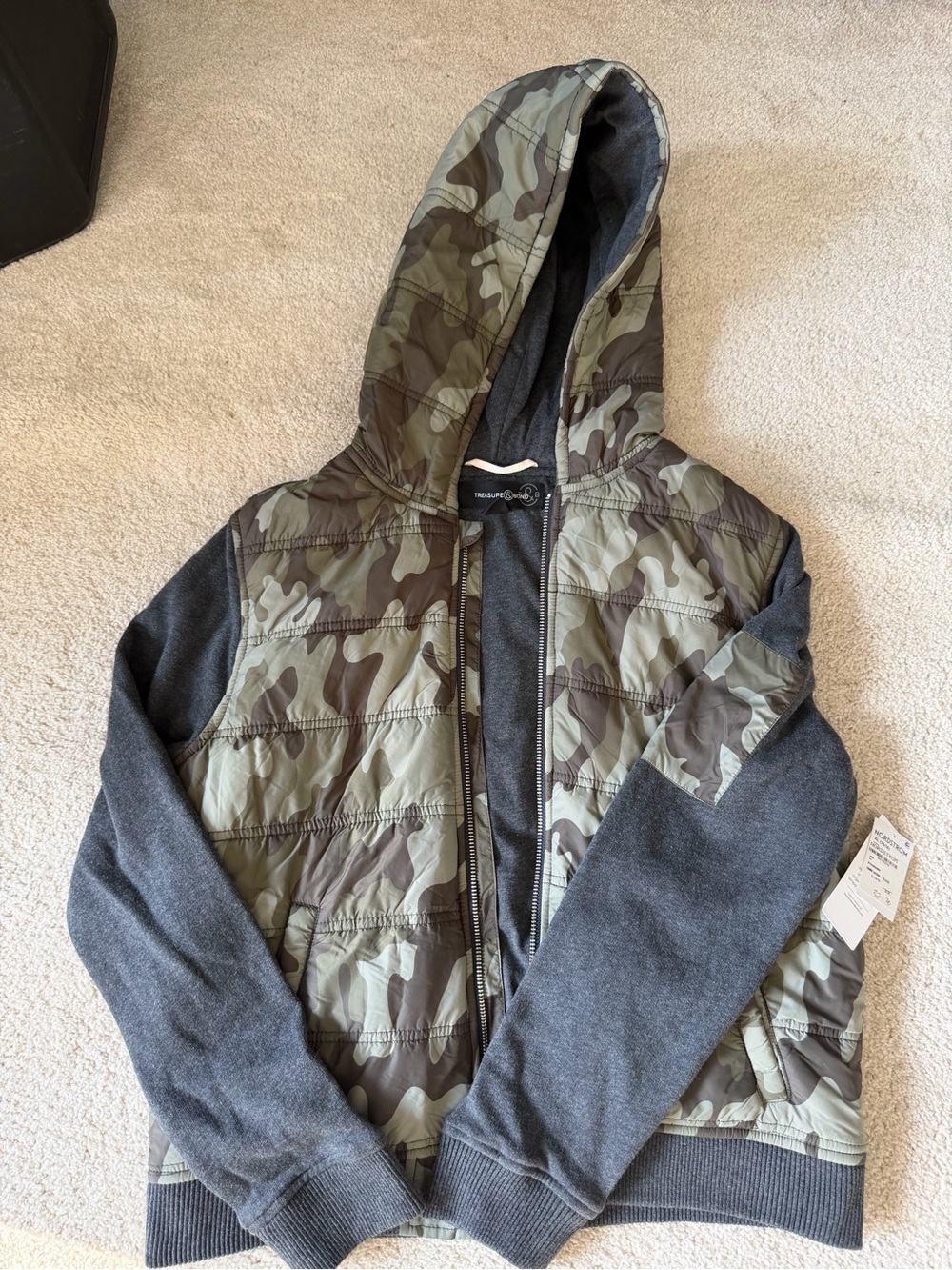 Treasure & Bond Kids Camo Puffer Jacket with Gray Sleeves